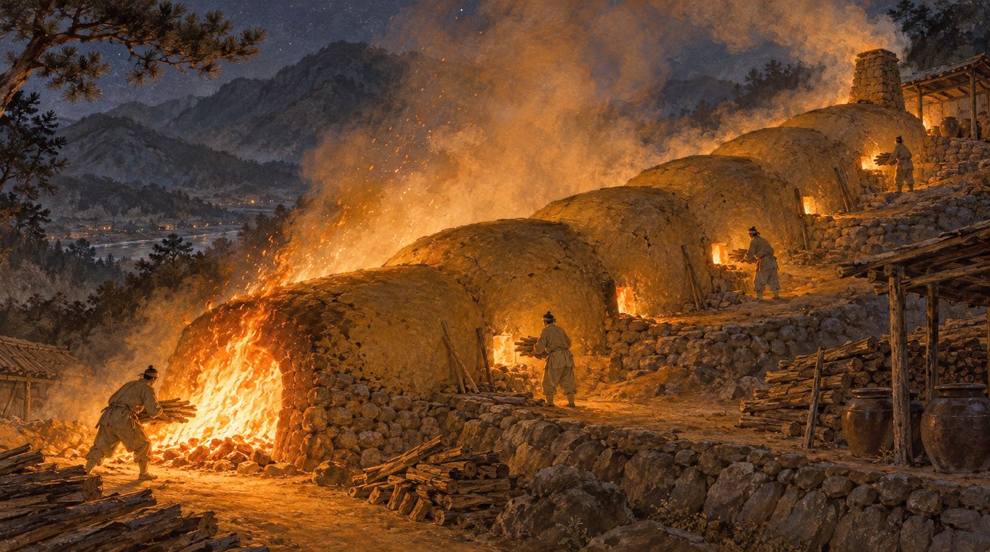밤의 산비탈에 놓인 오름가마에서 불길이 뿜어져 나오고 도공들이 각자 자리에서 장작을 대고 있다