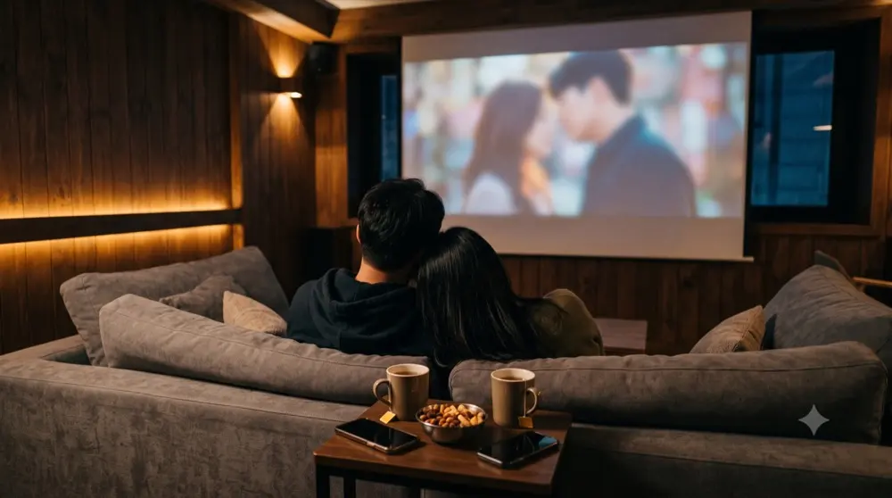 빔프로젝터룸의 소파에서 대형 화면으로 영상을 보는 모습