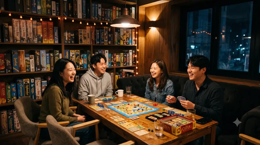 보드게임룸에서 네 사람이 웃으며 테이블에 둘러앉아 보드게임을 하는 모습