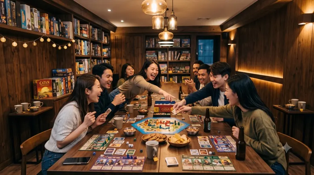 단체룸의 긴 테이블에 여덟 사람이 둘러앉아 파티 보드게임을 하는 모습