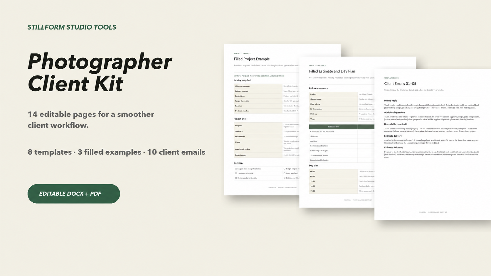 Stillform Photographer Client Kit cover showing an inquiry form, estimate and client email examples