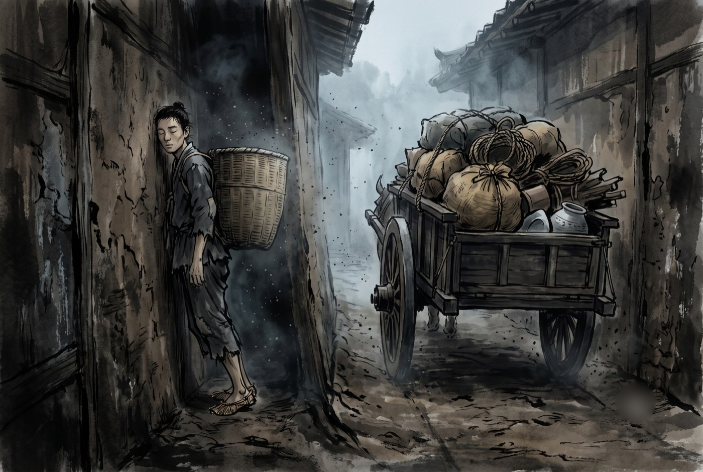 새벽의 좁은 흙벽 골목. 오른쪽으로 짐을 가득 실은 수레가 지나가고, 벽과 수레 사이 좁은 틈에 등에 큰 광주리를 진 마른 청년이 눈을 감은 채 옆걸음으로 서 있다.