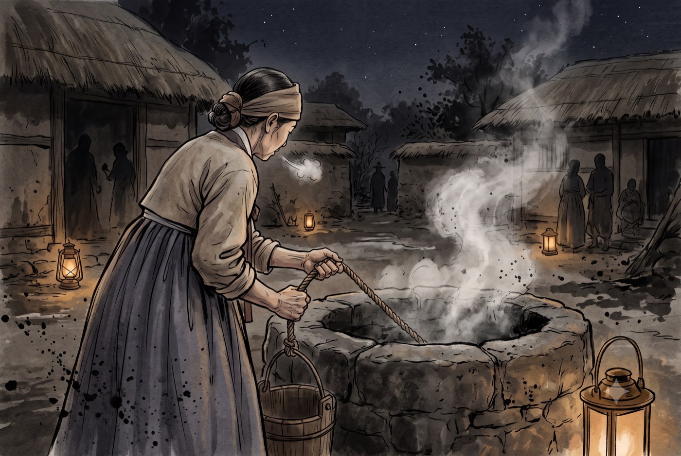 밤의 조선시대 시골 마당, 우물 아가리에서 뿌연 김이 피어오른다. 한 여자가 우물 턱에 서서 두 손으로 밧줄을 세게 붙들고 있고, 입에서는 차가운 밤공기 속에 하얀 입김이 처음으로 새어나온다. 등잔 여러 개가 따뜻한 빛을 드리우고 담 그늘에 다른 사람들의 형체가 흐릿하게 보인다.