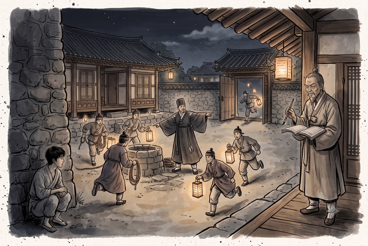 밤 관 마당에 등잔이 한꺼번에 들어온다. 소매에 은실 두 줄을 두른 윗사람이 가운데서 우물을 가리키며 지시하고, 관 사람들이 등잔과 줄을 들고 바삐 오간다. 늙은 기록관은 붓과 펼친 장부를 들고 움직이지 않고 서 있다.
