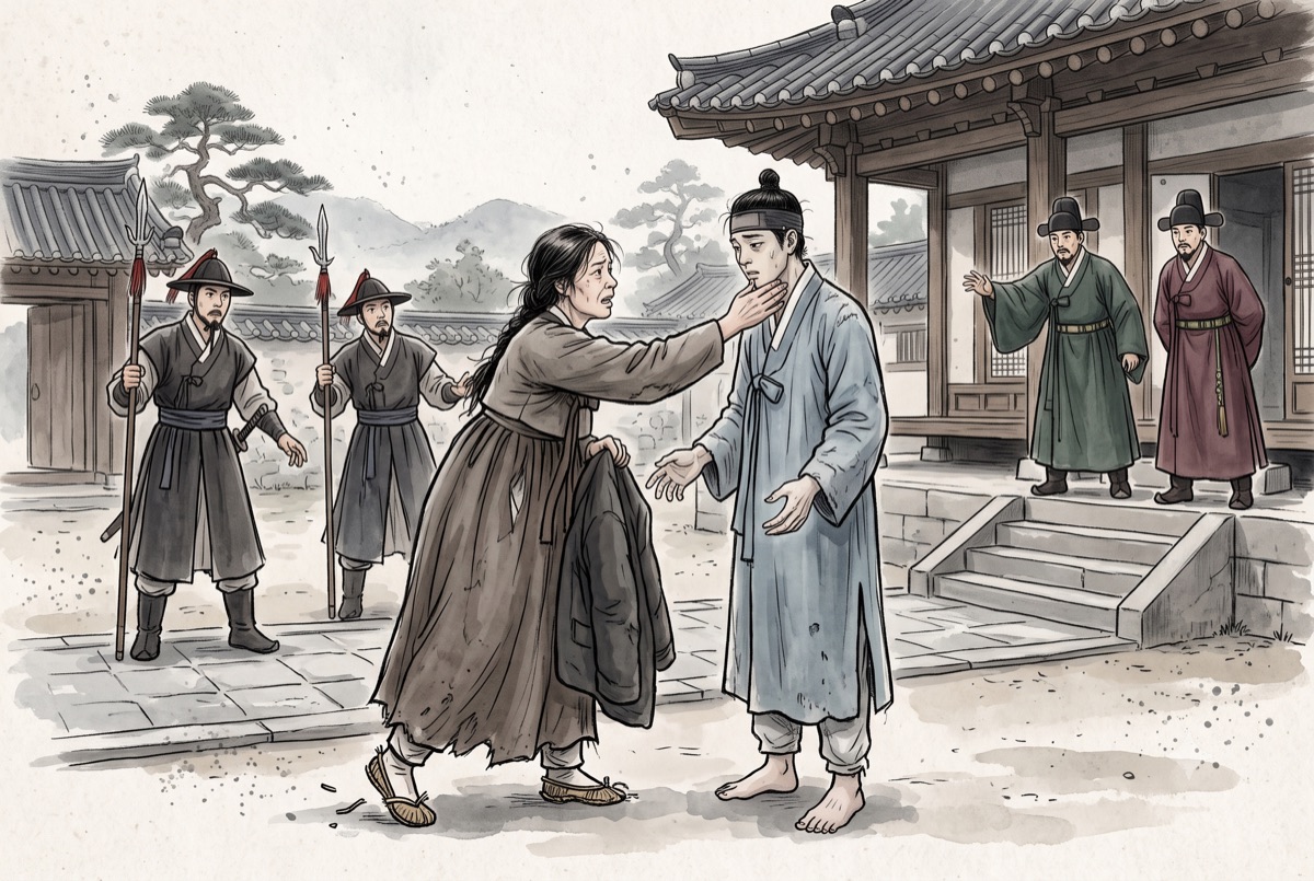 아침 관 마당, 머리가 반쯤 풀리고 신 한쪽 끈이 끊어진 어머니가 관 사람들을 지나 소하에게 닿아 손등을 목덜미에 대고 있다. 다른 손에는 벗으려던 저고리가 들려 있고, 소하는 오른손을 내민 채 왼손을 뒤집어 놓고 서 있다.