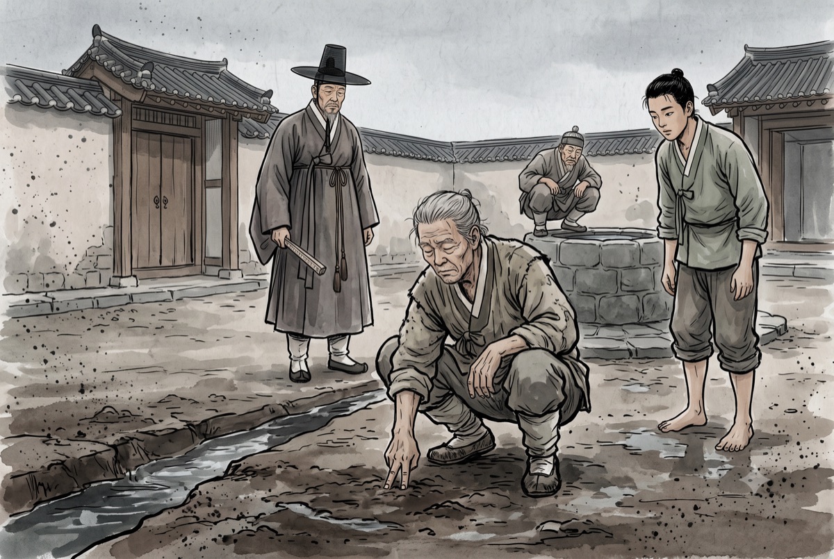 물이 배어 검게 젖은 관 마당, 다리를 끄는 늙은 짐꾼이 쭈그려 앉아 두 손가락을 흙에 눌러 넣고 눈을 감은 채 셈을 짚는다. 옆에 파 놓은 도랑에는 벌써 물이 차고, 늙은 기록관은 접은 자를 쓸모없이 든 채 서 있다.