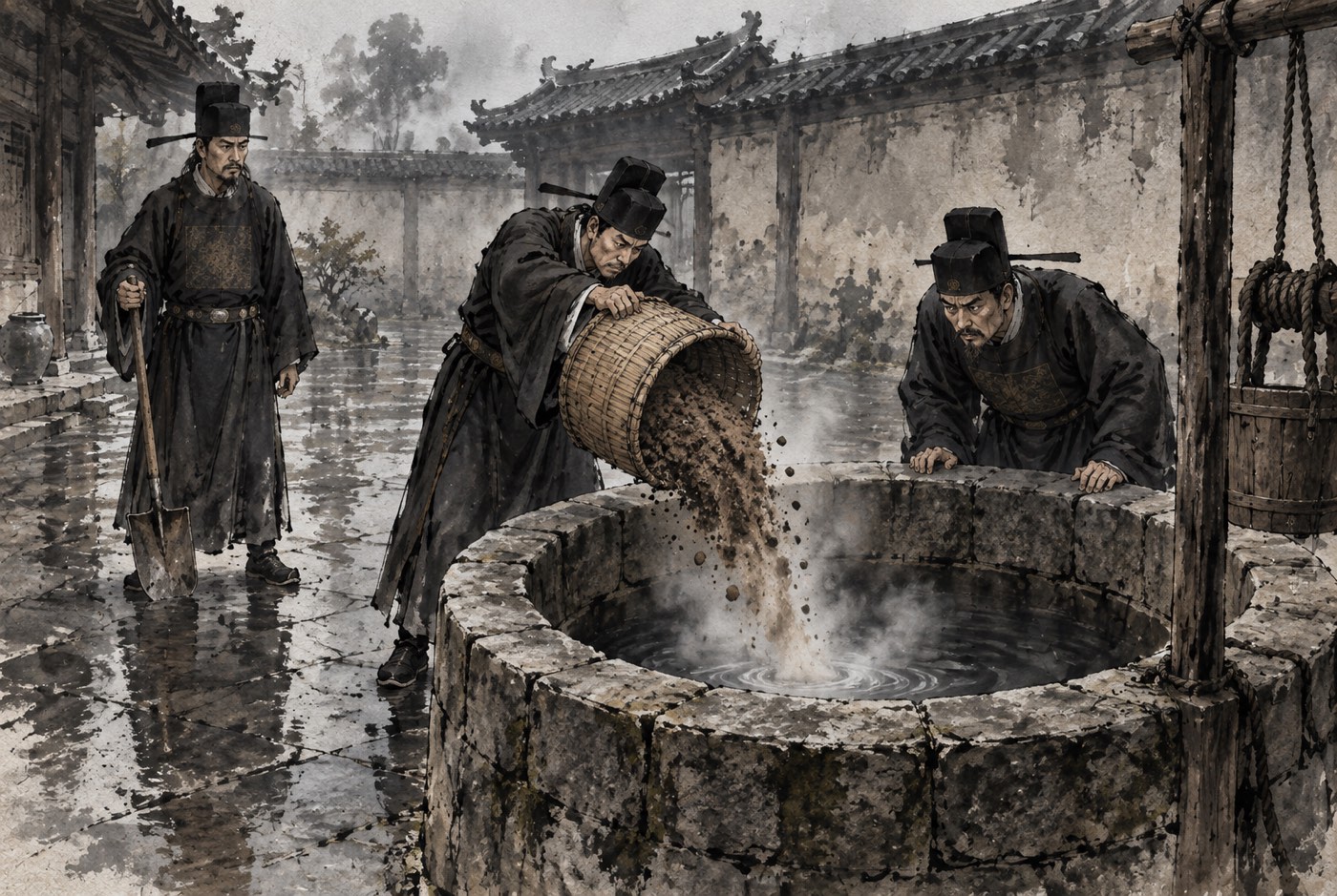 관 옷을 입은 사람들이 삼태기에 담은 마른 흙을 우물 안으로 쏟아붓는데, 흙이 물에 닿는 자리에서 흰 김이 오르며 사라지고 있다. 하나는 우물 턱에 몸을 기울여 그것을 내려다보고, 다른 하나는 삽을 짚고 서 있다.