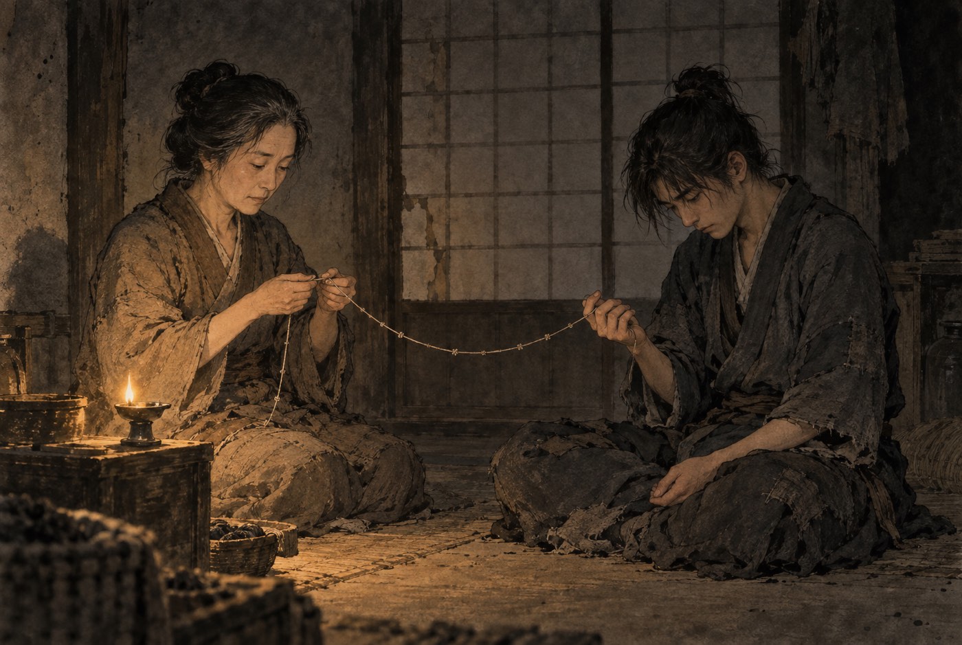 등잔 하나만 켜진 밤의 방. 어머니가 실을 손가락 사이로 재어 매듭을 짓고 있고, 맞은편에 앉은 소하가 고개를 숙인 채 그 실매듭을 오른손 손끝으로 훑어 세고 있다. 소하의 왼손은 무릎 위에 죽은 듯 놓여 있다.