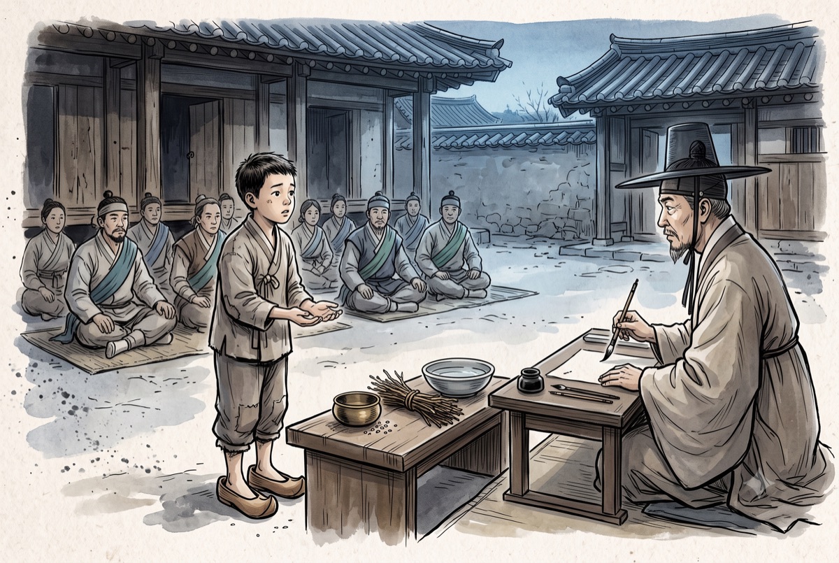 해 뜨기 전 마당, 아홉 살 아이가 큰 신을 신고 손을 펴고 단 앞에 서 있다. 단 위에는 놋그릇 하나, 마른 나뭇가지 한 단, 물 한 사발이 놓였고 늙은 기록관이 붓을 들고 아이를 보고 있다. 뒤쪽 그늘에는 색 띠를 어깨에 걸친 사람들이 앉아 있다.