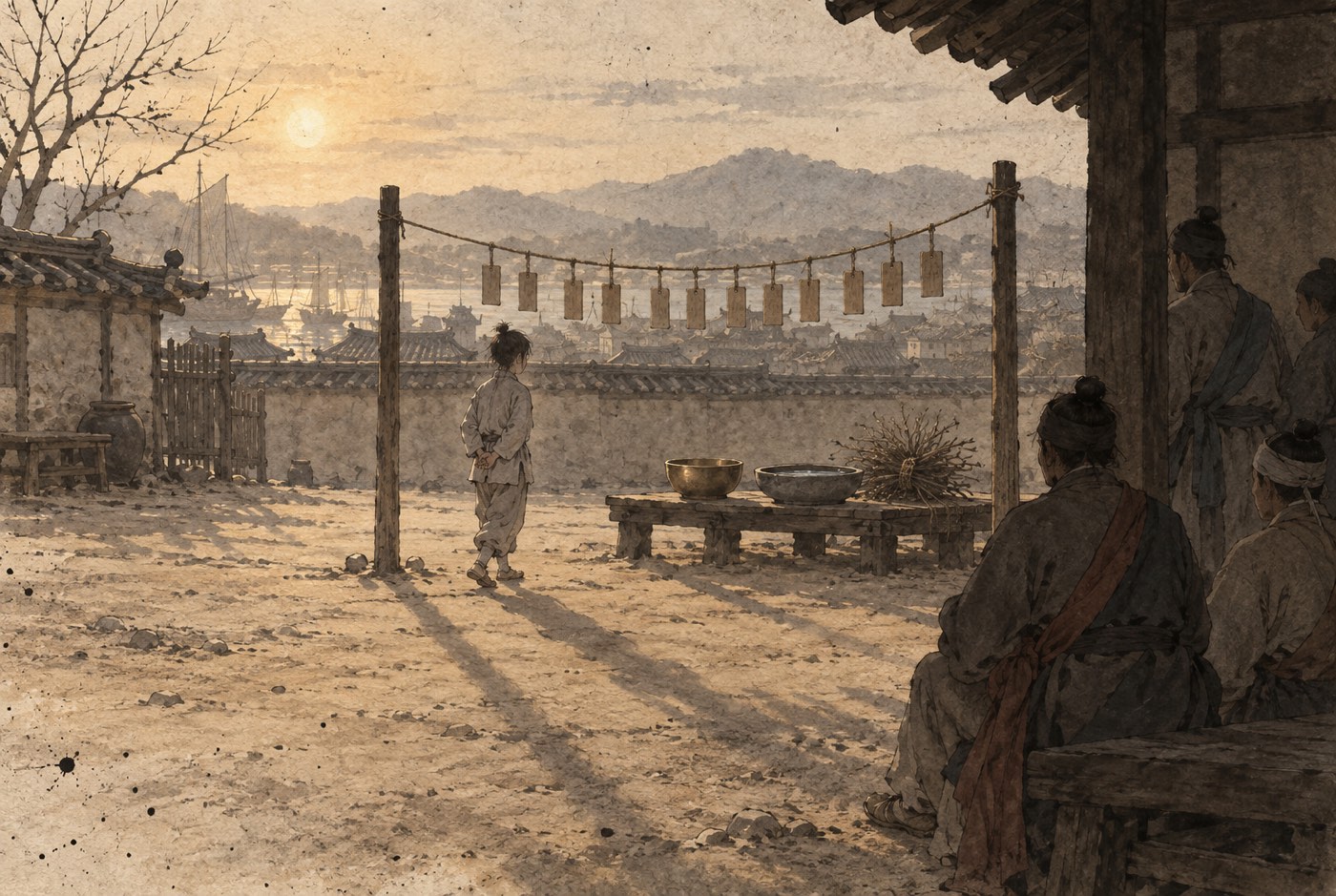 해 질 무렵 흙마당. 기둥 두 개 사이에 걸린 줄에 작은 나무패들이 나란히 매달려 흔들린다. 그 너머 낮은 나무 단 위에 놋그릇과 물사발과 묶어 세운 마른 나뭇가지 한 단이 놓여 있고, 오른쪽 처마 그늘에는 어깨에 띠를 두른 사람들이 앉거나 서서 지켜본다. 마당 가운데를 삼베옷 입은 젊은이가 두 손을 등 뒤로 잡은 채 지나간다. 멀리 지붕들 너머로 배가 댄 포구가 보인다.