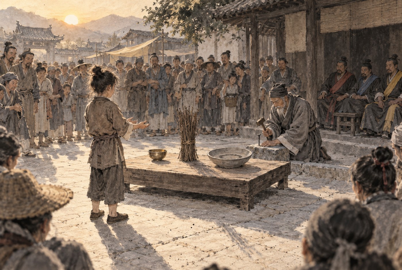해 뜰 무렵 돌바닥 마당. 낮은 나무 단 위에 작은 놋그릇과 묶어 세운 마른 나뭇가지 한 단, 그리고 물이 빠져 바닥이 드러난 넓은 사발이 놓여 있다. 단 앞에 삼베옷 입은 아이가 두 손을 펴고 서 있고 마을 사람들이 둥글게 둘러서서 보고 있다. 오른쪽 처마 그늘에는 어깨에 색 띠를 두른 사람들이 걸상에 앉아 있고, 그 앞에서 늙은 기록관이 무릎을 꿇고 못과 망치를 들어 돌 턱에 새기고 있다.