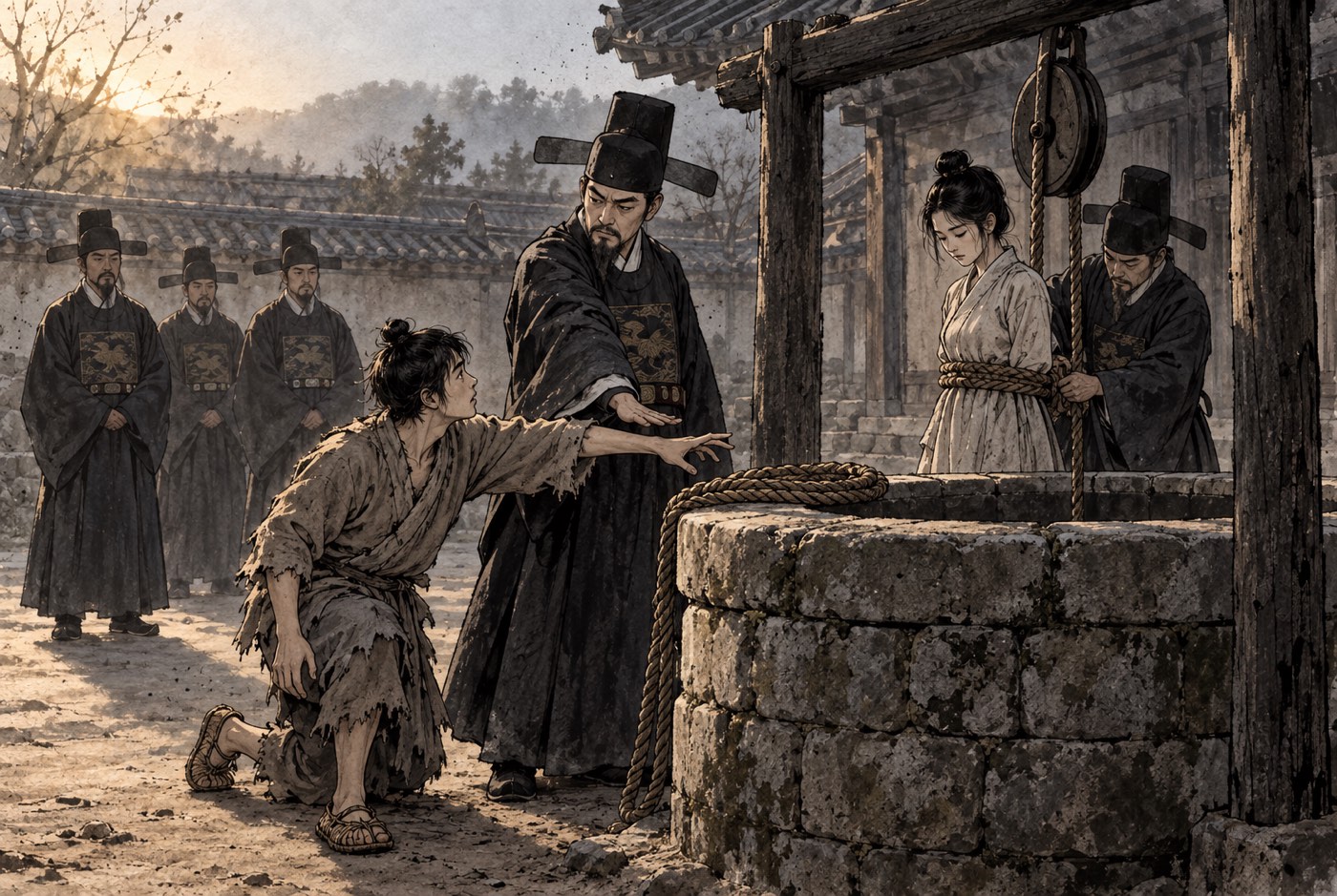 이른 아침 관 마당의 돌 우물가. 해진 삼베옷을 입은 소하가 몸을 낮춘 채 오른팔을 우물 턱에 감긴 굵은 밧줄 쪽으로 뻗고 있고, 검은 관복을 입은 관 사람이 팔을 뻗어 그 손을 막아서고 있다. 우물 저편에서는 여울의 허리에 밧줄이 감기는 중이고, 뒤쪽에 선 관 사람 셋은 아무 말 없이 그것을 보고 있다.