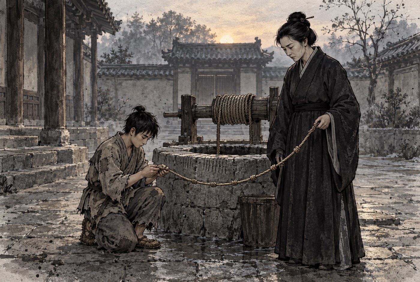 새벽 관 마당의 돌 우물가. 해진 삼베옷을 입은 소하가 한쪽 무릎을 꿇고 앉아 매듭 진 삼줄의 매듭 하나를 손끝으로 누르고 있고, 어깨에 띠가 없는 검은 관복 차림의 이름꾼이 그 줄의 반대쪽 끝을 쥔 채 소하의 손을 내려다보고 있다. 뒤쪽 우물 턱 위에는 나무 도르래에 밧줄이 감겨 있고, 돌 턱에는 못으로 새긴 자국이 나 있다.