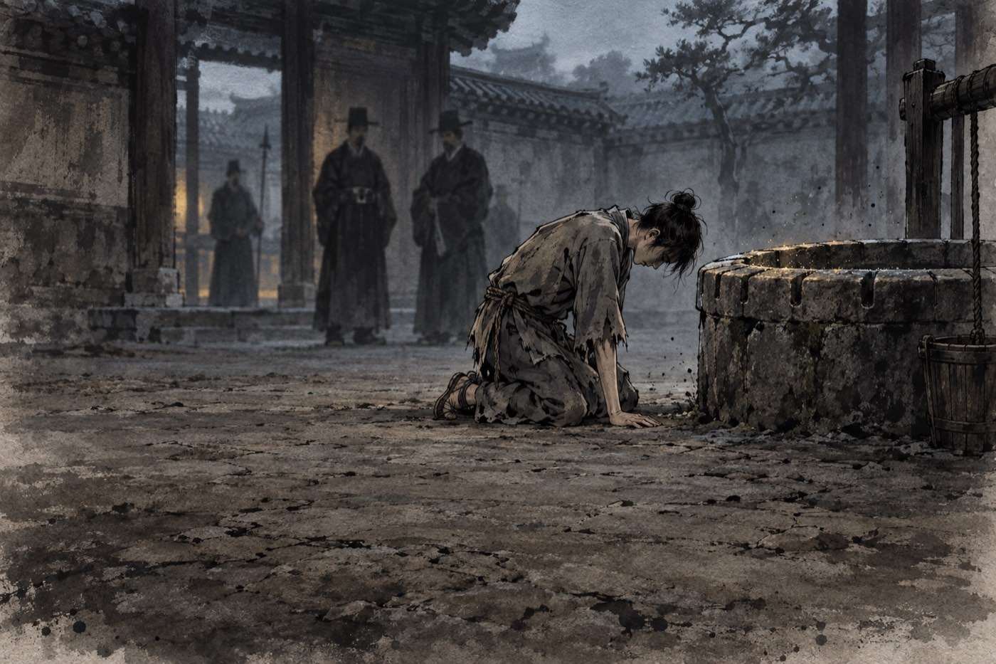 동트기 전 관 마당. 해진 삼베옷을 입은 소하가 돌 우물 옆에 무릎을 꿇고 고개를 숙인 채 한 손으로 마른 땅을 짚고 기다리고 있다. 우물 턱 돌 윗면에는 밤새 고인 이슬이 얇게 얹혀 희미하게 빛나고, 몇 걸음 뒤에는 검은 관복을 입은 관 사람 셋이 흐릿하게 서서 그 모습을 보고 있다.