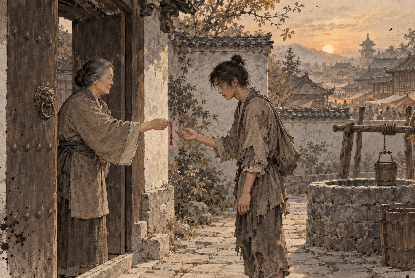 해 질 무렵 관 마당 어귀. 낡은 나무문 옆에 선 늙은 어머니가 잇꽃으로 물들인 붉은 끈을 내밀고, 해진 삼베옷을 입은 마른 청년 소하가 손을 뻗어 그것을 받으려 하고 있다. 오른쪽 뒤로 두레박이 걸린 돌 우물이 있고, 담 너머로 은포 시장의 지붕과 차양이 낮게 이어진다.
