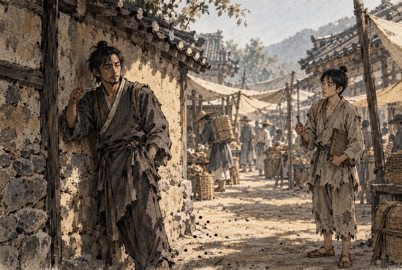 한낮 은포 저잣거리 어귀. 낮은 돌담에서 반 걸음 나온 마른 사내가 옷깃을 왼쪽으로 여민 채 얼굴을 볕 쪽으로 돌리고 손끝을 들어 허공에 짧은 선을 긋고 있고, 몇 걸음 떨어진 곳에 해진 삼베옷을 입은 소하가 나무틀을 옆구리에 끼고 못을 쥔 채 그 입술과 손짓을 보고 있다. 뒤로 차양과 지붕이 낮게 이어지고 장 보는 사람들이 흐릿하게 지나간다.