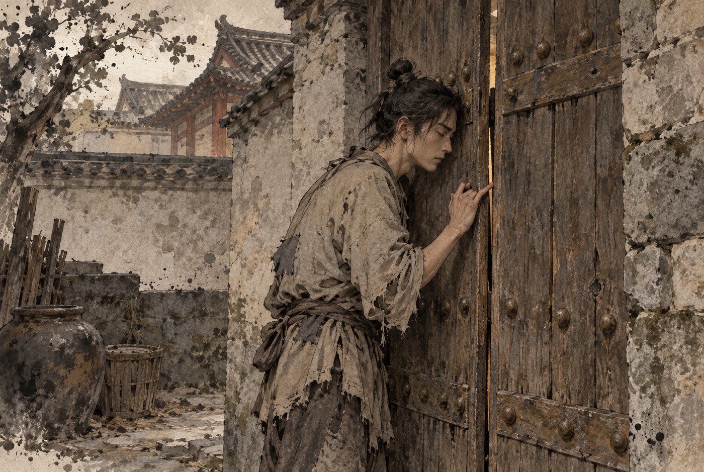 관 뒤뜰의 낮은 돌담에 박힌 못 박은 나무문 앞. 해진 삼베옷을 입은 마른 젊은이가 눈을 감은 채 문짝에 몸을 붙이고 서 있고, 벌어진 문틈으로 안쪽의 옅은 빛이 새어 나온다. 문틀의 못은 붉게 슬었고 나무는 비바람에 씻겨 결이 다 드러나 있다. 담 너머로 관 지붕과 마당의 항아리·물통이 흐릿하게 보인다.