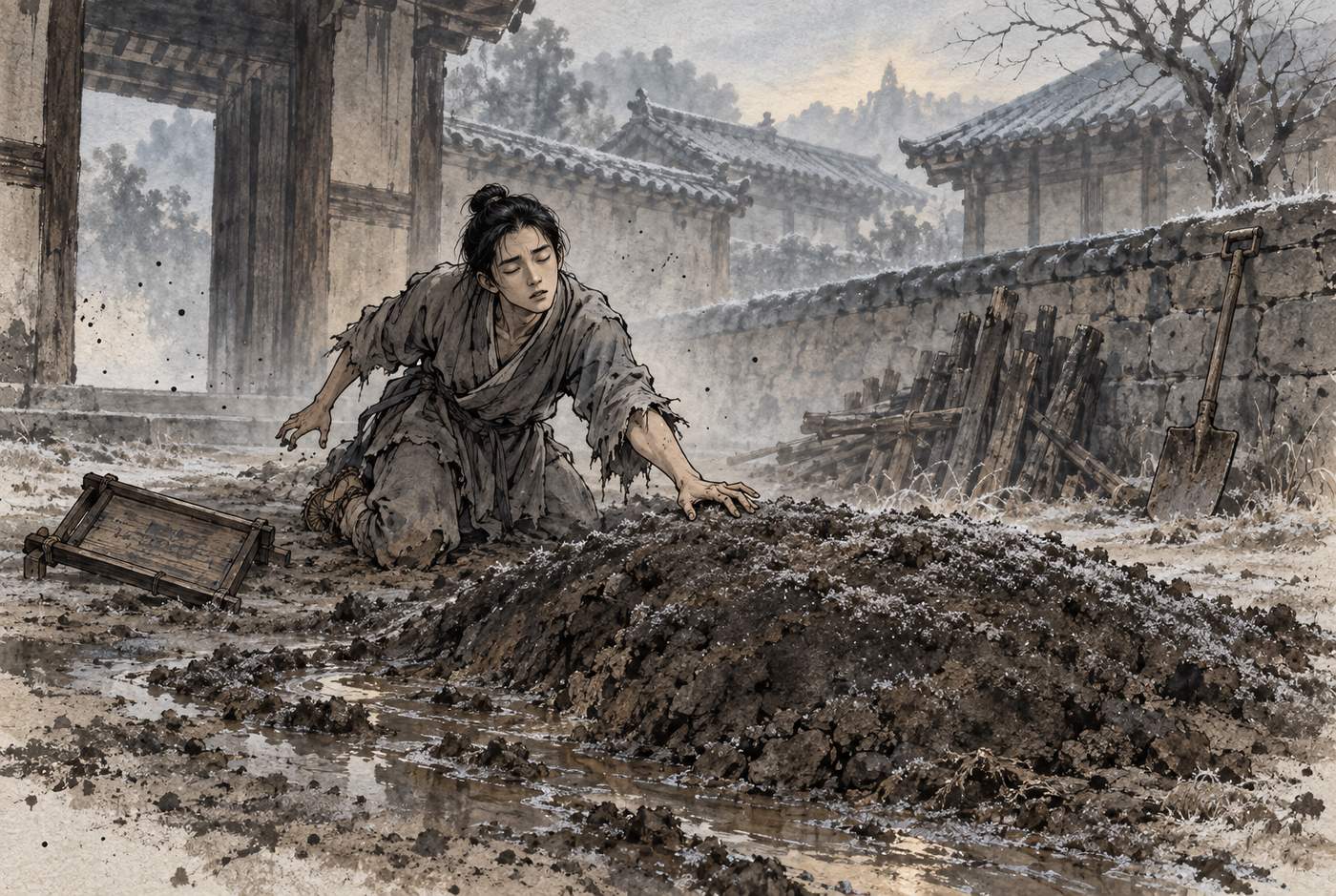 이른 아침 관 마당. 메워진 우물 자리가 낮은 흙더미로 남았고 다져지지 않은 겉면에 서리가 얇게 앉아 있다. 해진 삼베옷을 입은 마른 젊은이가 흙더미 가장자리에 무릎을 꿇은 채 눈을 감고 왼손을 흙 쪽으로 펴 들었는데, 몸이 무너지는 가장자리 쪽으로 기울어 끌려가고 오른손은 뒤쪽 땅을 헛짚고 있다. 옆에 나무틀이 넘어져 있고, 담 앞에는 뽑아 모아 둔 팻말 더미와 삽 한 자루가 세워져 있다.