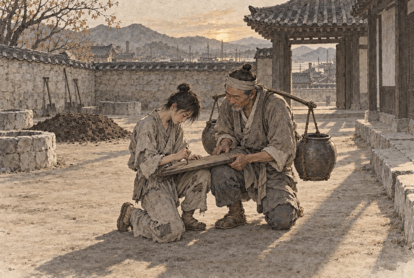 해질녘 관 마당. 마른 흙바닥에 그림자가 길게 누웠고, 뒤쪽으로 낮은 우물 턱 여럿과 새로 메운 검은 흙더미, 담에 기대어 선 삽 자루들이 보인다. 해진 삼베옷을 입은 마른 젊은이가 한쪽 무릎을 꿇고 앉아 쇠못 끝을 나무틀에 천천히 누르고 있고, 오른손 손가락은 다 펴지지 않은 채 굳어 있다. 빈 물동이 둘을 멘 멜대를 진 늙은 짐꾼이 곁에 웅크려 나무틀 아래를 받쳐 주고 있다.