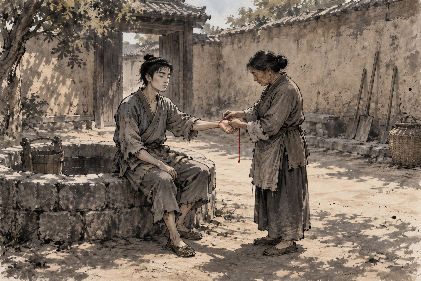 한낮의 관 마당. 마른 흙바닥에 나무 그늘이 얼룩져 있고 담에는 삽 자루들이 기대어 서 있다. 해진 삼베옷을 입은 마른 젊은이가 낮은 우물 턱에 걸터앉아 눈을 감은 채 오른팔을 앞으로 내밀었고, 맞은편에 선 나이 든 여인이 그 손목에 붉은 끈을 감고 있다. 끈은 화면에서 유일하게 색이 짙은 것이고 아직 늘어져 있다.