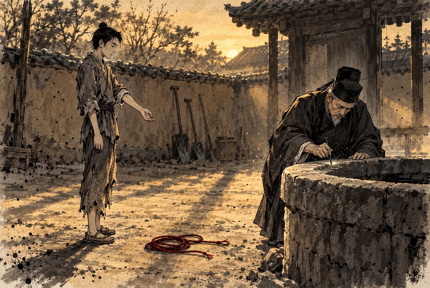 저물녘 관 마당. 마른 흙바닥에 그림자가 길게 누웠고 담에는 삽 자루들이 기대어 서 있다. 왼쪽에 해진 삼베옷을 입은 마른 젊은이가 소매를 걷은 오른팔을 앞으로 내밀고 서 있고, 오른쪽에서는 검은 관복을 입은 나이 든 관원이 낮은 우물 턱 돌에 못을 대고 홈을 파고 있다. 둘 사이 흙바닥에 붉은 끈이 사려진 채 놓여 있다.