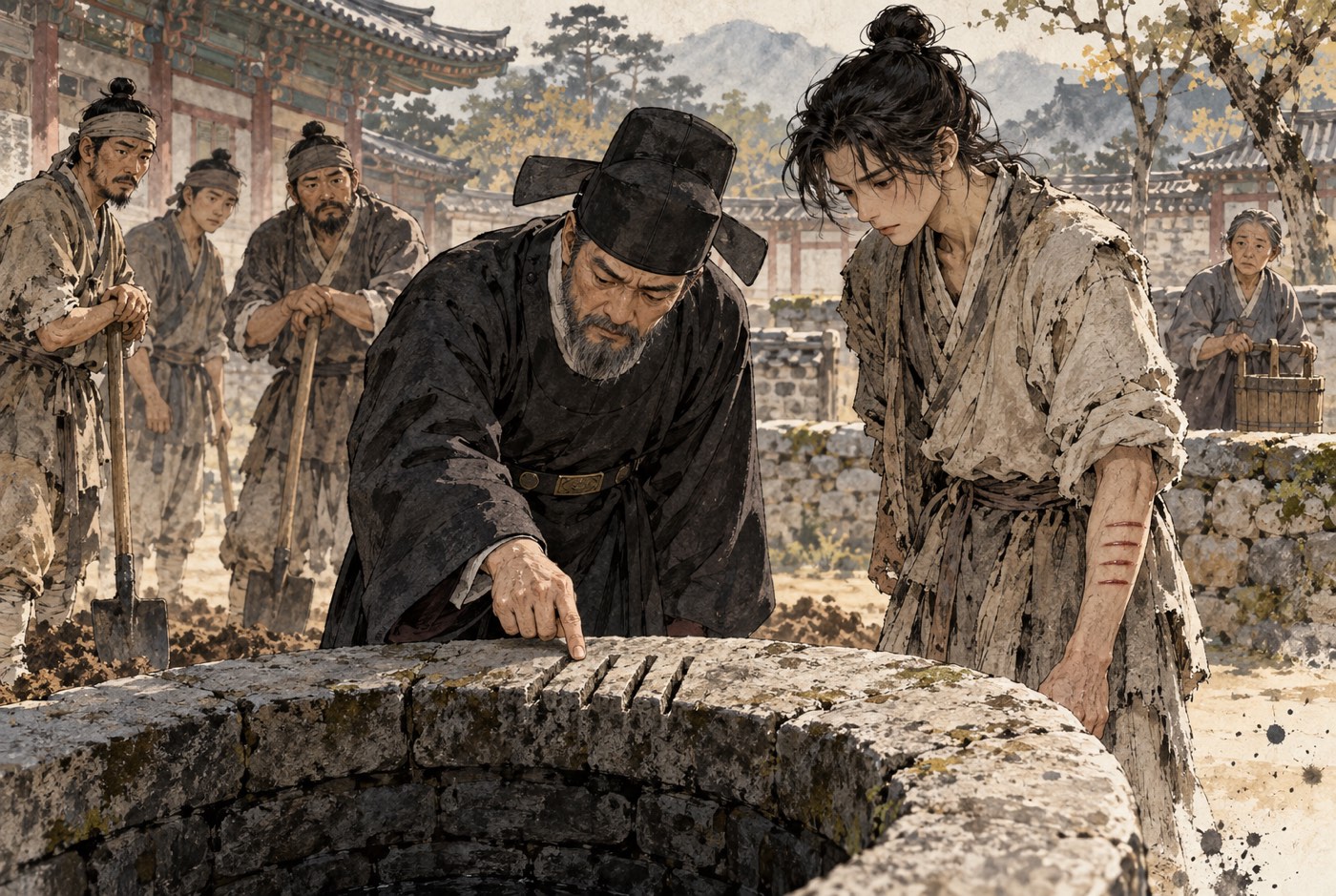 관 마당의 우물 턱에 새겨진 홈을 기록관이 손끝으로 읽고, 곁에서 소하가 지켜보는 모습