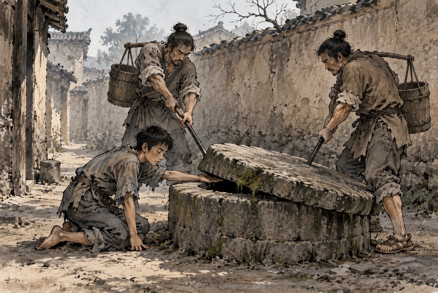 골목 우물의 덮개돌을 쇠지렛대로 밀어 젖히는 인부 둘과, 밀려 나가는 돌 밑으로 손바닥을 받치고 눈을 감은 소하