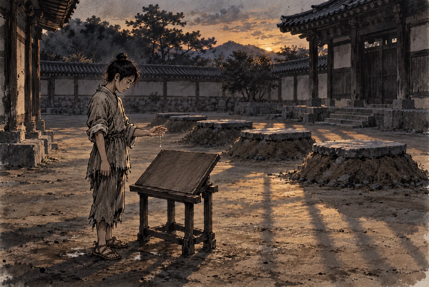 사람들이 빠져나간 관 마당, 흙으로 메우고 돌을 얹은 우물들이 줄지어 있고, 돌 위에 놓인 나무 서판 앞에서 소하가 물에 적신 왼손을 들어 올린 채 내려놓지 않고 서 있다