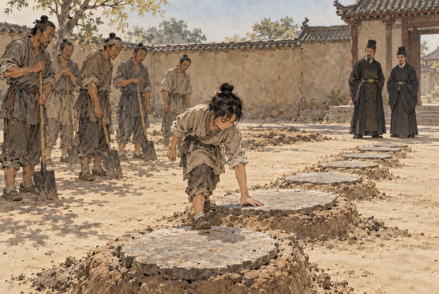 흙으로 메우고 돌을 얹은 우물들이 줄지어 있는 관 마당에서, 소매를 걷은 소하가 돌 사이를 건너며 몸을 숙여 맨손을 짚고 있고, 삽을 든 사람들이 일을 멈춘 채 서 있고 관복 입은 두 사람이 멀찍이서 보고 있다