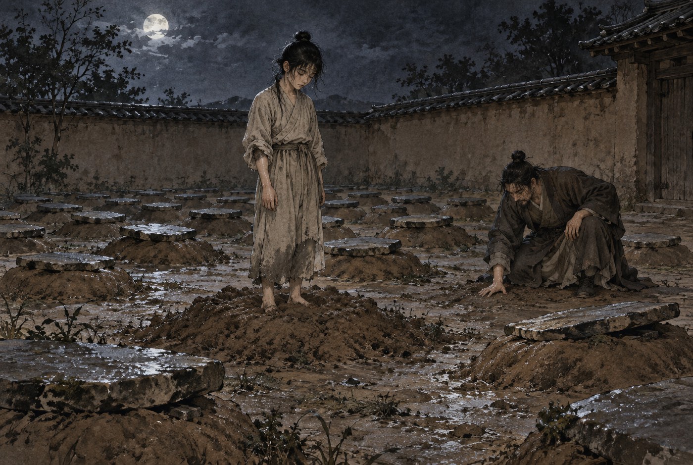 달빛이 든 밤의 관 마당. 흙으로 메우고 납작한 돌을 얹은 우물들이 줄지어 있고 몇몇 돌은 한쪽으로 기울어 있다. 맨발의 소하가 가운데 흙더미 위에 올라서서 고개를 숙이고 눈을 감고 있고, 몇 걸음 떨어진 곳에서 옷깃을 오른쪽으로 여민 사람이 몸을 낮춰 한 손바닥을 땅에 붙이고 있다