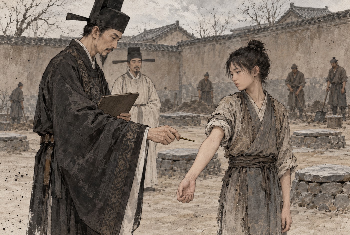 흙으로 메우고 납작한 돌을 얹은 우물이 줄지어 선 관 마당. 검은 관복의 기록관이 한 손에 나무 서판을 들고 다른 손의 못끝을 소하의 걷어올린 팔 안쪽 가까이 허공에 대고 있으며, 못끝은 살에 닿지 않는다. 소하는 고개를 조금 돌린 채 가만히 서 있고, 몇 걸음 뒤에 옅은 색 관복을 입은 사람이 지켜보며 담 쪽에는 삽을 든 사람들이 서 있다