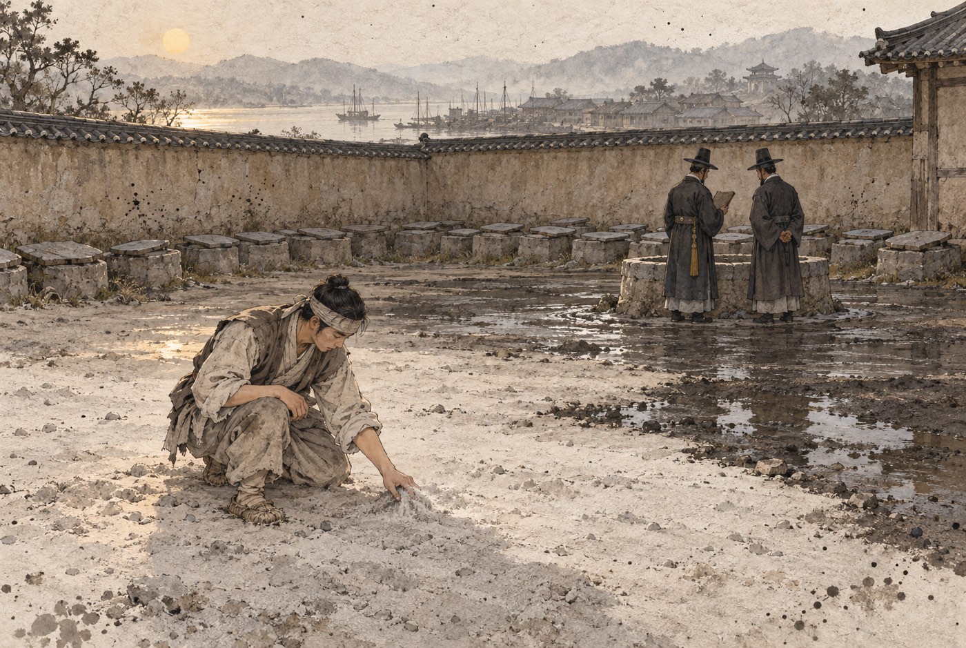 이른 아침 관 마당. 흙으로 메우고 납작한 돌을 얹은 자리들이 담 아래에 줄지어 몰려 있고, 바닥은 검고 젖어 번들거리는 곳과 잿빛으로 마른 곳으로 갈려 있다. 해진 옷의 소하가 잿빛 자리에 한쪽 무릎을 꿇고 앉아 오른손으로 마른 흙을 쓸어 손가락 사이로 흘려보내고 있고, 멀리 우물 턱 돌 앞에서 검은 옷의 관 사람 둘이 서판을 펴 들고 서 있다