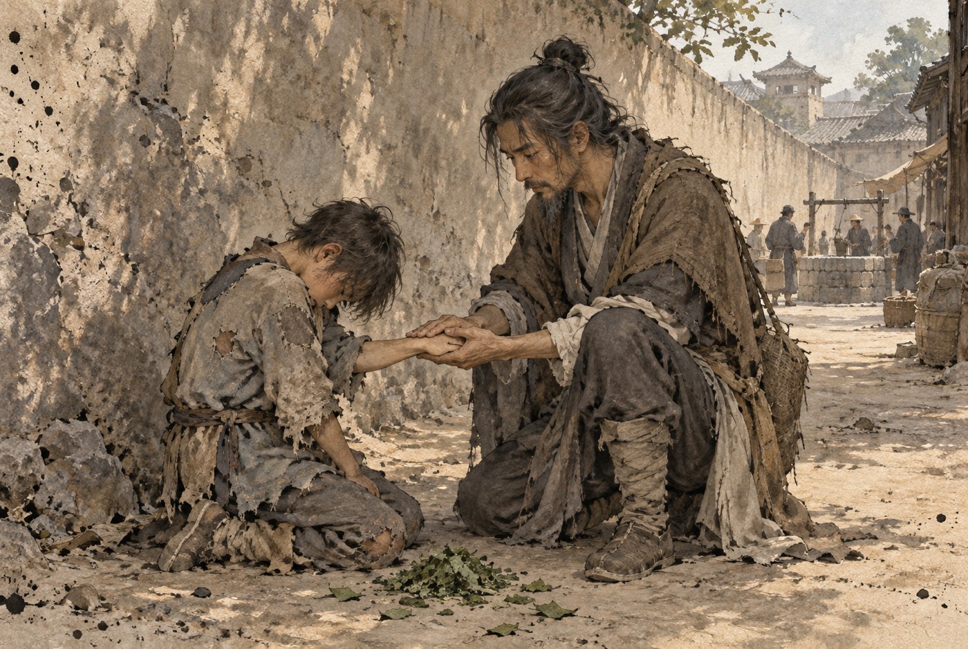 관 마당 담 바깥 그늘. 해진 옷의 소하가 땅에 무릎을 꿇고 고개를 숙여 이마를 제 어깨에 붙인 채 눈을 감고 있고, 맞은편에 앉은 옷깃을 왼쪽으로 여민 사람이 소하의 오른손을 제 두 손바닥 사이에 위아래로 끼워 누르고 있다. 둘 사이 땅바닥에 씹다 버린 푸른 잎이 흩어져 있고, 담 너머 멀리 우물 턱 돌 둘레에 검은 옷의 관 사람들이 서 있다