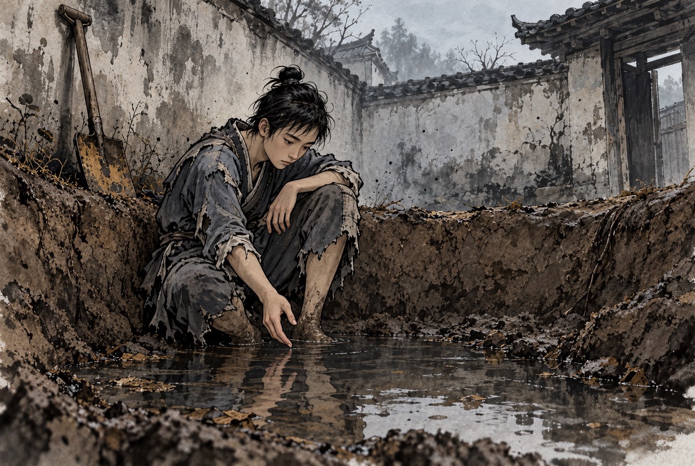 관 마당의 반쯤 파인 흙구덩이 안. 해진 옷의 소하가 구덩이 벽에 기대 무릎을 세우고 앉아, 발목까지 찬 고인 물 위로 오른손 손바닥을 펴서 천천히 내리고 있다. 손과 물낯 사이가 손가락 마디만큼 남았고 소하는 그 사이를 눈으로 들여다보고 있다. 구덩이 위쪽 담에는 날이 선 삽 한 자루가 기대어 세워져 있다