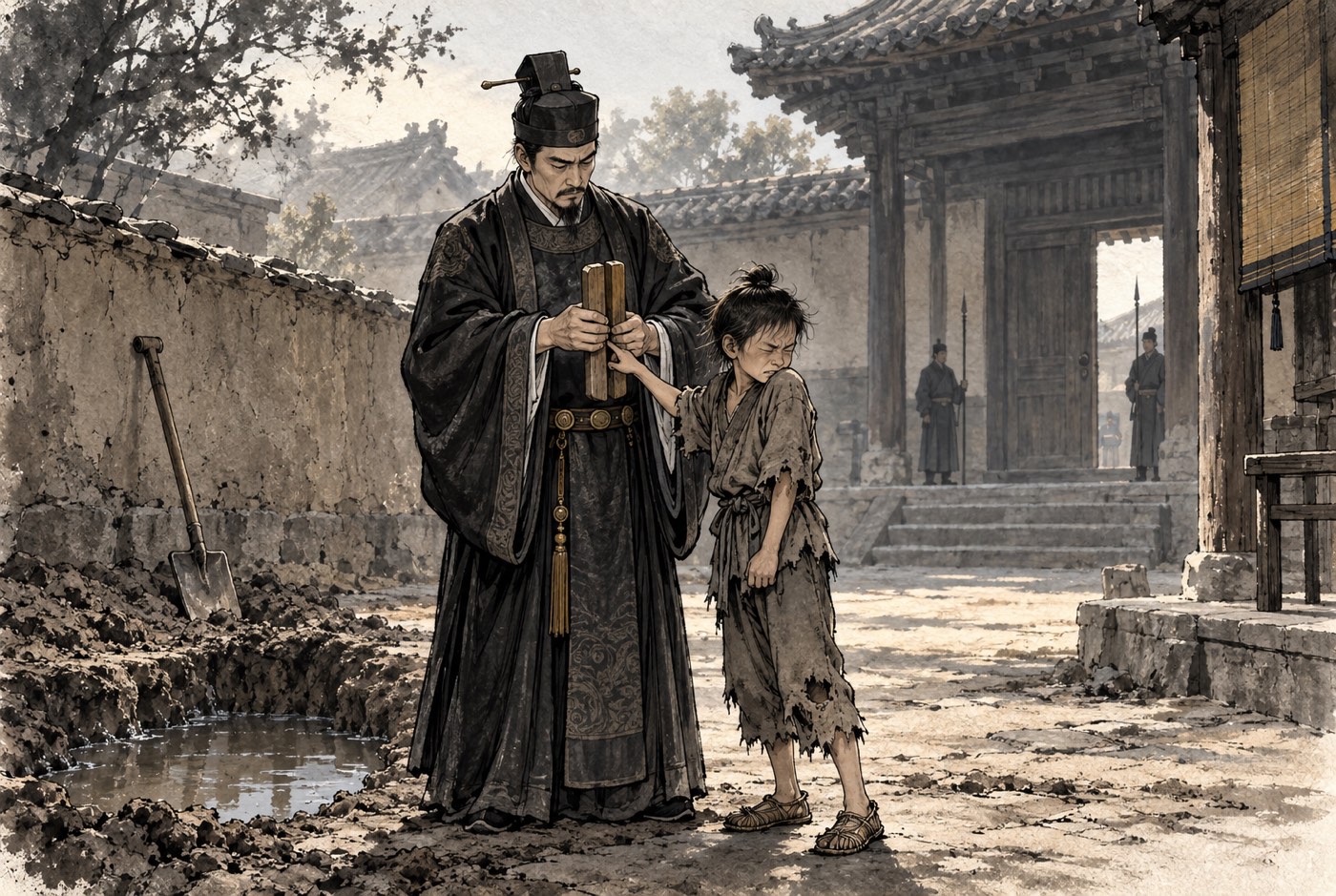 관 마당 아침. 검은 관복의 기록관이 두 짝으로 된 나무 서판을 두 손으로 모아 쥐고 서 있고, 그 곁에 해진 옷의 작은 소하가 왼손을 서판의 좁아지는 사이로 밀어 넣은 채 눈을 감고 얼굴을 서판 반대쪽으로 돌리고 있다. 뒤쪽 흙담에는 삽 한 자루가 기대어 세워져 있고 그 아래 반쯤 파인 자리에 물이 고여 있다