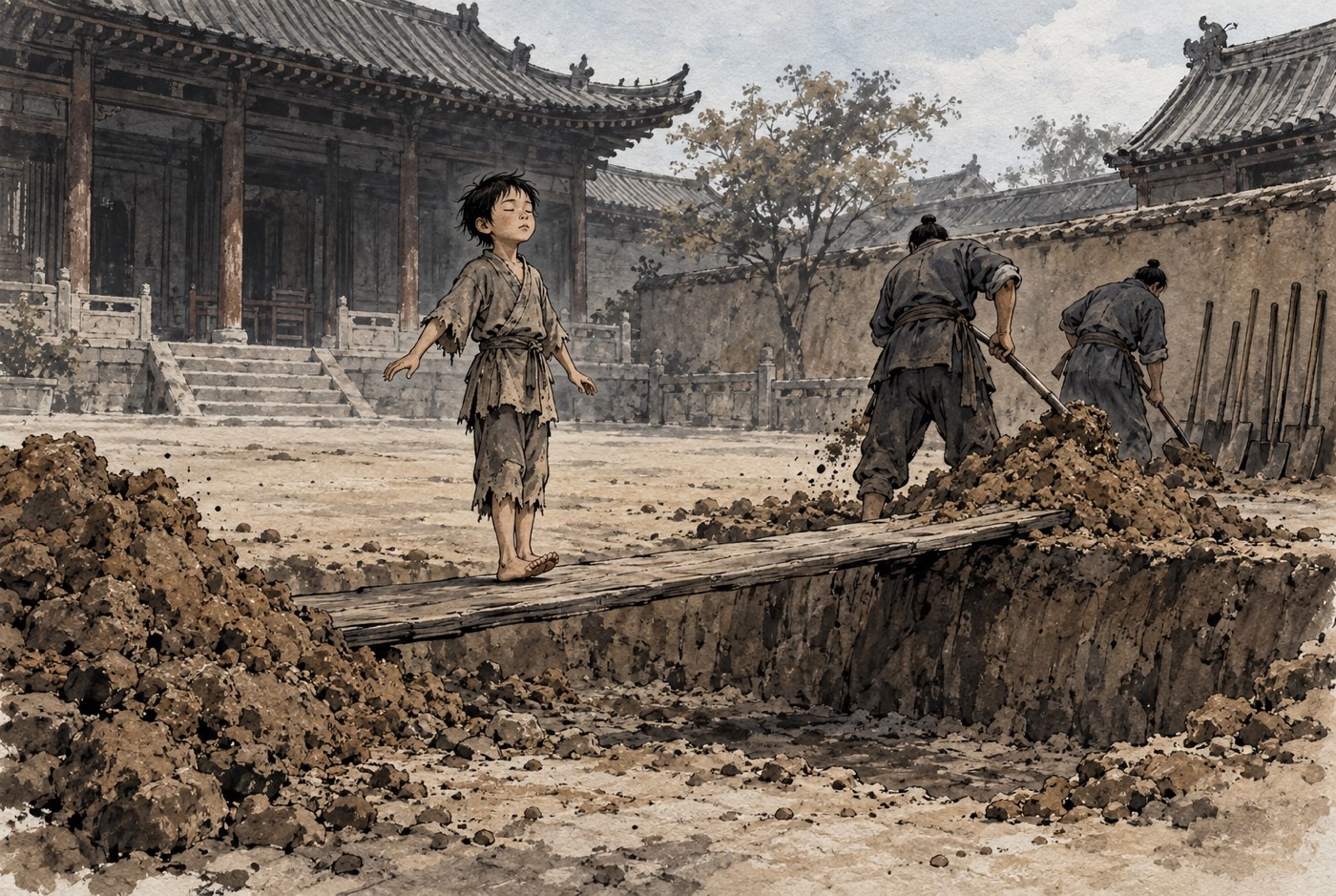 관 마당 한낮. 반쯤 파인 긴 구덩이 위에 휜 널빤지 한 장이 걸쳐져 있고, 해진 옷의 맨발 아이가 널 가운데에 눈을 감고 서서 두 팔을 몸에서 조금 떼고 있다. 널 건너편 끝에서는 작업복 차림의 관 사람 둘이 퍼낸 흙을 널 위로 올리고 있고, 뒤쪽 흙담에는 삽 여러 자루가 날을 세우고 기대어 서 있다