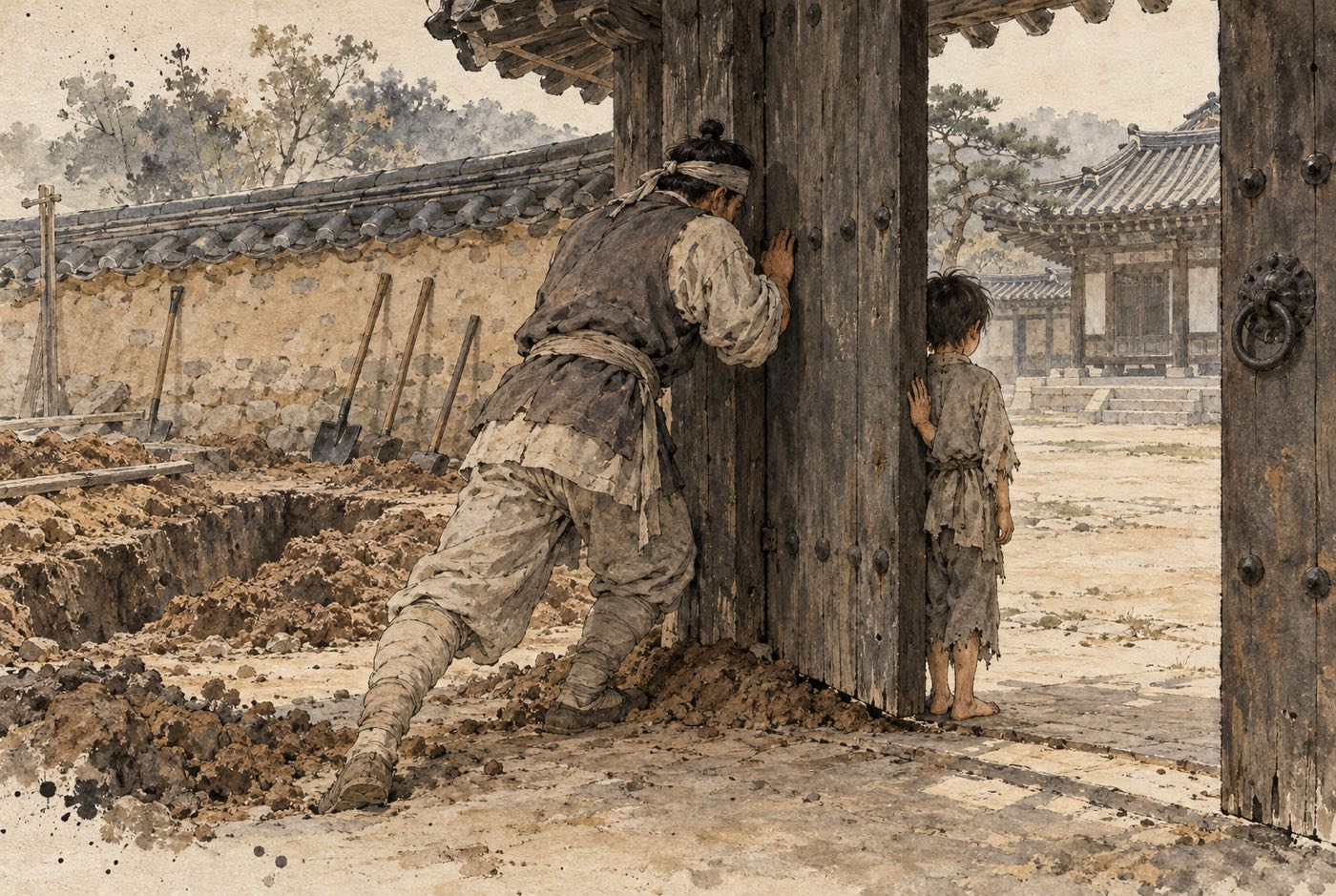 관 마당 문께. 작업복에 머리띠를 두른 사내가 어깨를 대고 무거운 나무 문짝을 안쪽으로 밀고 있고, 문설주 밑에는 흙이 쌓여 문짝이 걸려 있다. 문 안쪽에는 해진 옷의 맨발 아이가 문설주에 한 손을 대고 서서 얼굴을 마당 안쪽으로 돌리고 있다. 왼쪽 흙담에는 삽 여러 자루가 기대어 서 있고 그 앞에 길게 파인 자리와 퍼낸 흙더미가 있다
