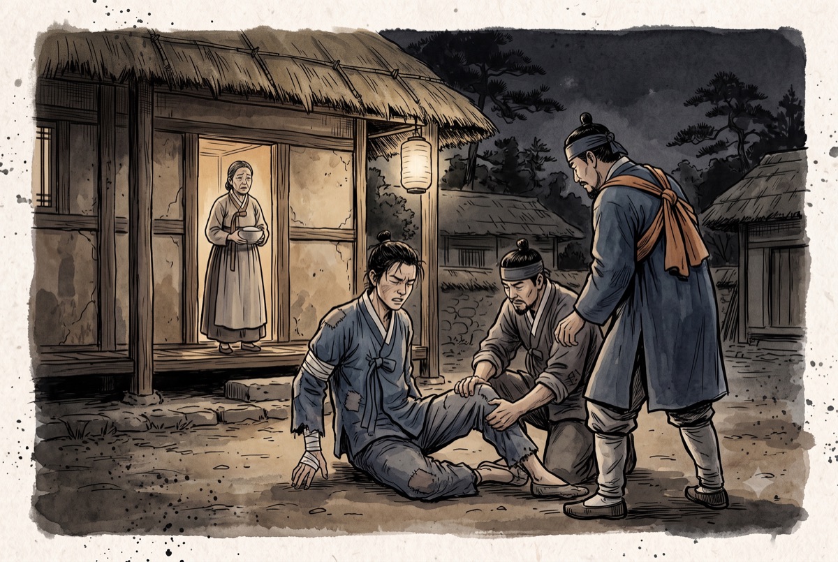 밤 초가집 마당, 색 띠를 어깨에 걸친 두 사람이 소하를 데리러 왔다. 한 사람이 무릎을 꿇고 두 손으로 소하의 무릎을 잡아 잠그고 있고, 소하는 고개를 돌린 채 눈을 감고 있다. 문간에는 어머니가 그릇을 들고 서 있다.