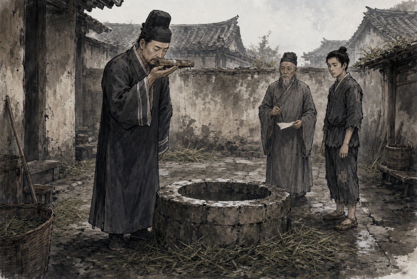 관청 뒤뜰 마당. 갓 벤 풀이 널린 우물 턱 옆에서 관복을 입은 쉰쯤의 남자가 젖은 나무패를 손바닥에 올려놓고 눈을 감은 채 냄새를 맡고 있다. 조금 떨어져 붓과 종이를 든 늙은 기록관과 마른 청년이 그 손을 보고 서 있다.