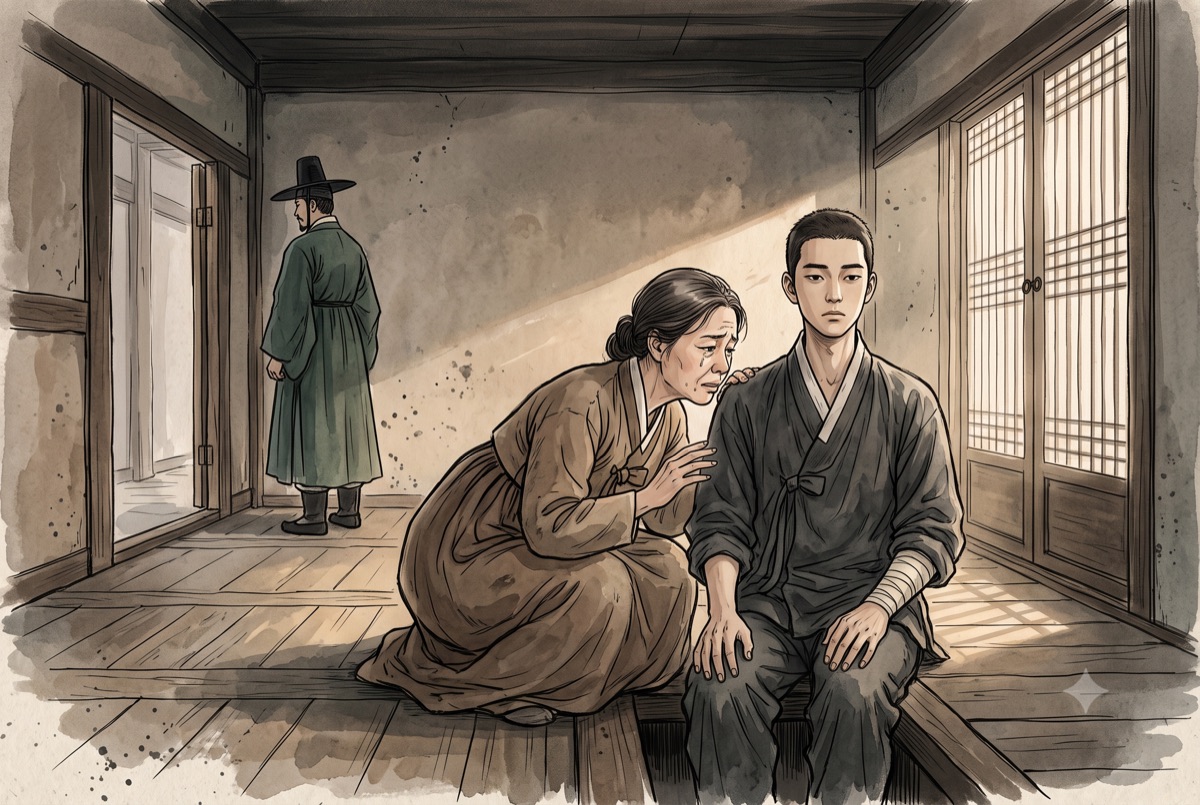 관의 빈 면회방, 어머니가 낮은 문턱을 두고 소하와 마주 앉아 어깨 쪽에 코를 가까이 대고 냄새를 맡고 있다. 손은 닿기 직전에 멈춰 있다. 소하는 두 손을 무릎에 얹고 곧게 앉아 있고 한쪽 팔에는 천이 감겨 있다.