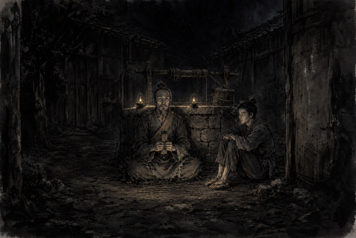 깊은 밤의 관청 뒤뜰. 우물 턱에 놓인 기름등잔 두 개가 주변만 밝히고, 갈색 띠를 두른 쉰 넘은 사내가 나무패를 두 손으로 감싸 쥔 채 눈을 뜨고 앉아 있다. 마른 청년이 등잔 옆에 무릎을 세우고 앉아 그 손을 본다.