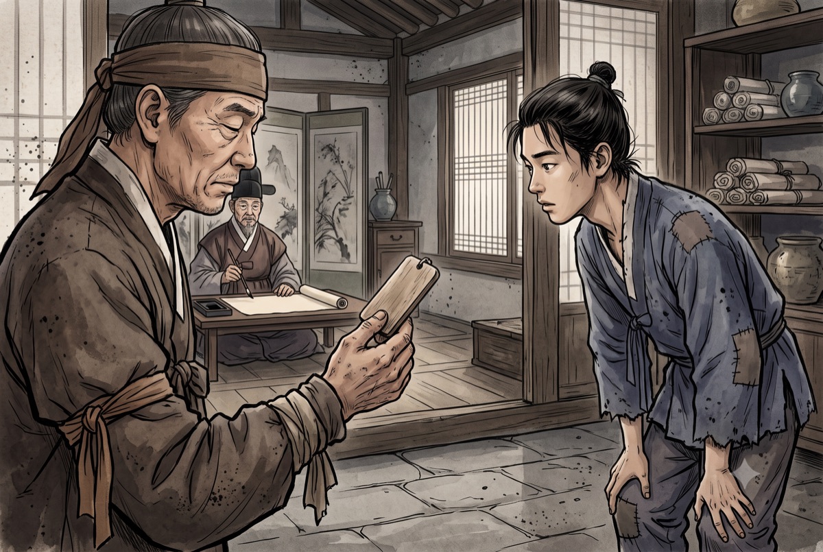 관 안, 소매에 갈색 띠를 두르고 손톱 밑이 검은 쉰 넘은 사내가 젖은 나무패를 두 손가락으로 집어 눈을 감고 만져 읽는다. 소하는 마주 앉아 그 손을 들여다보고 있고, 뒤에서는 늙은 기록관이 붓을 들고 기다린다.