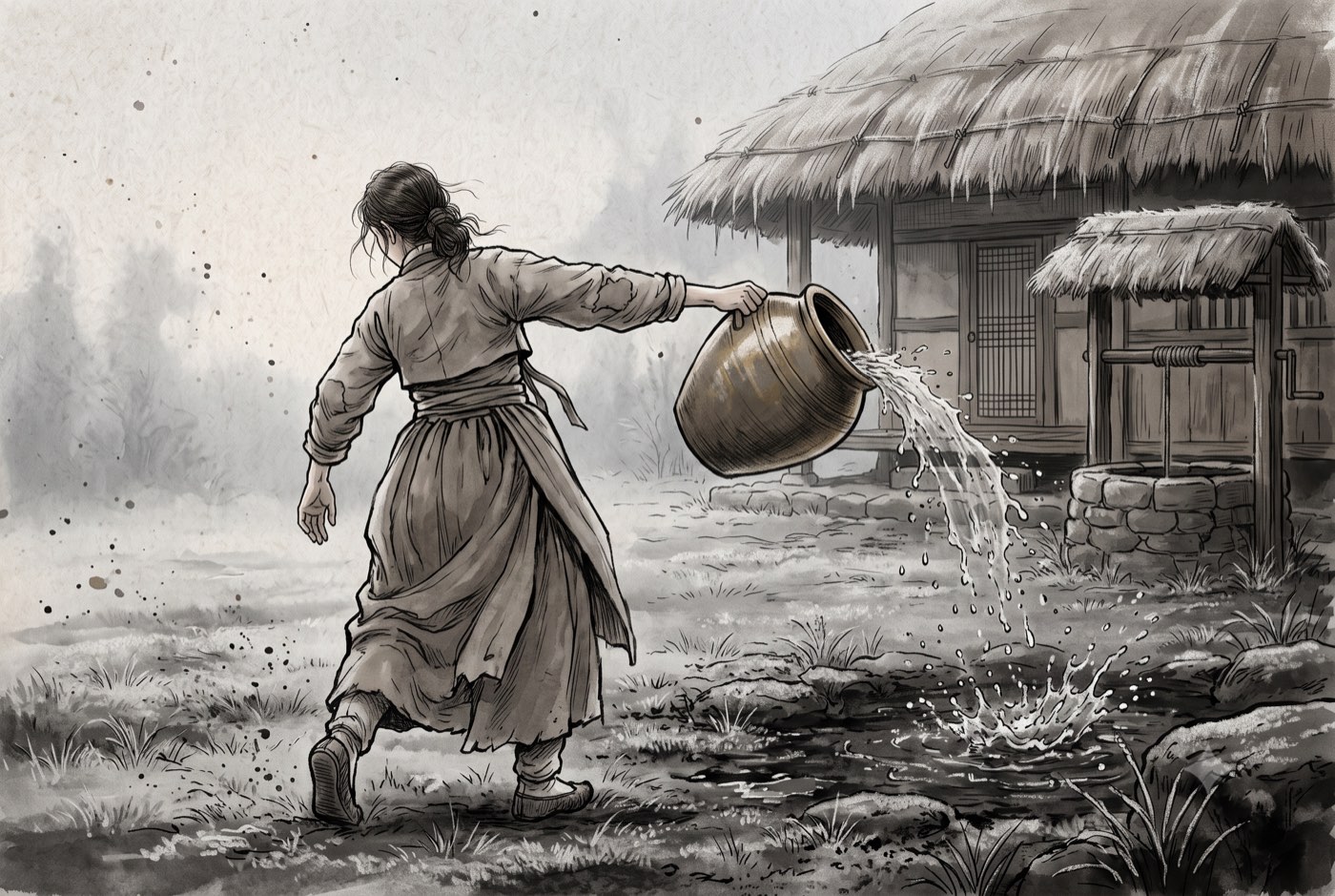 서리 낀 조선시대 새벽 마당, 뒷모습의 여성이 왼쪽 어깨에 지고 있던 물동이가 뒤로 기울어 물이 쏟아지는 순간 오른손만 뻗어 아가리를 붙잡는다. 왼팔은 축 늘어진 채 그 동작에 전혀 관여하지 않는다.