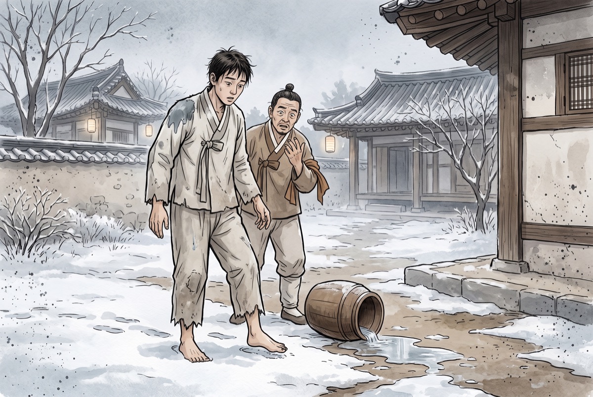서리 낀 새벽 마당, 소하가 맨발로 서리를 밟고 서서 제 왼발을 내려다보고 있다. 옆에는 물동이가 넘어져 물이 얼어붙고 있고, 소매에 갈색 띠를 두른 사내가 제 손끝을 믿지 못하는 얼굴로 보고 있다.